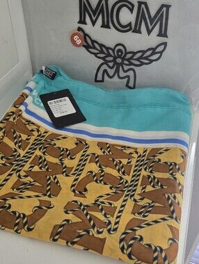 MCM Turquoise and Mustard Chain Print Scarf Xl